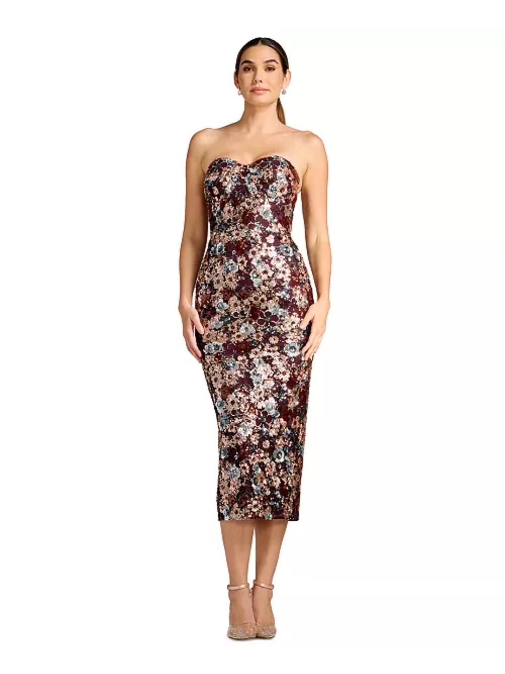 Strapless Sweetheart Floral Sequin Midi Dress